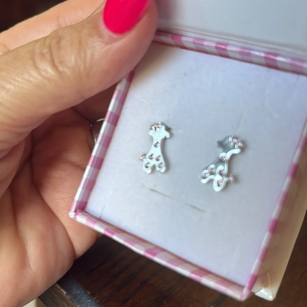 Silver toddler girls Giraffe Kids Earrings with pale pink crystals new in box